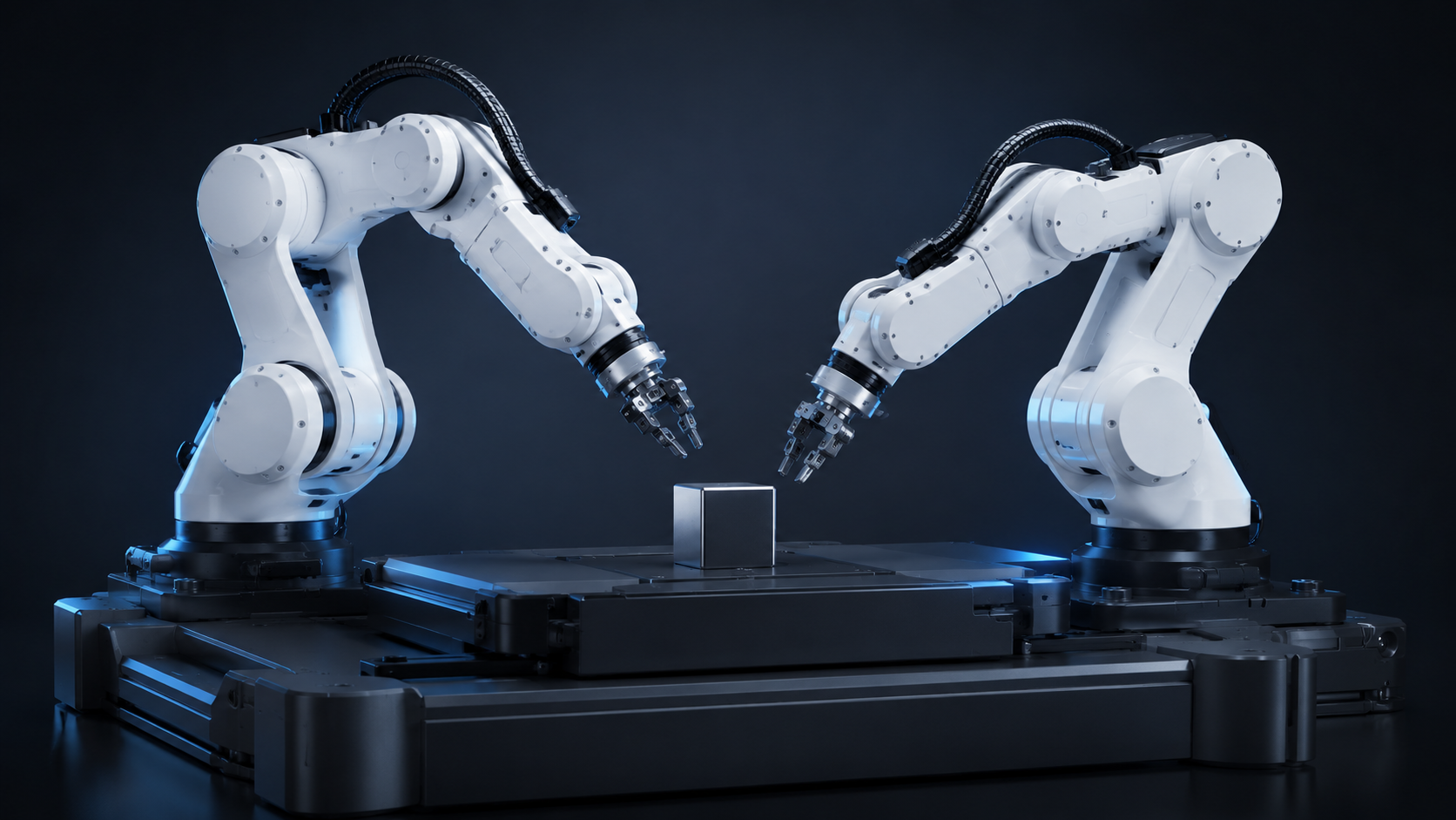 Two robotic arms in a 3D simulated workcell